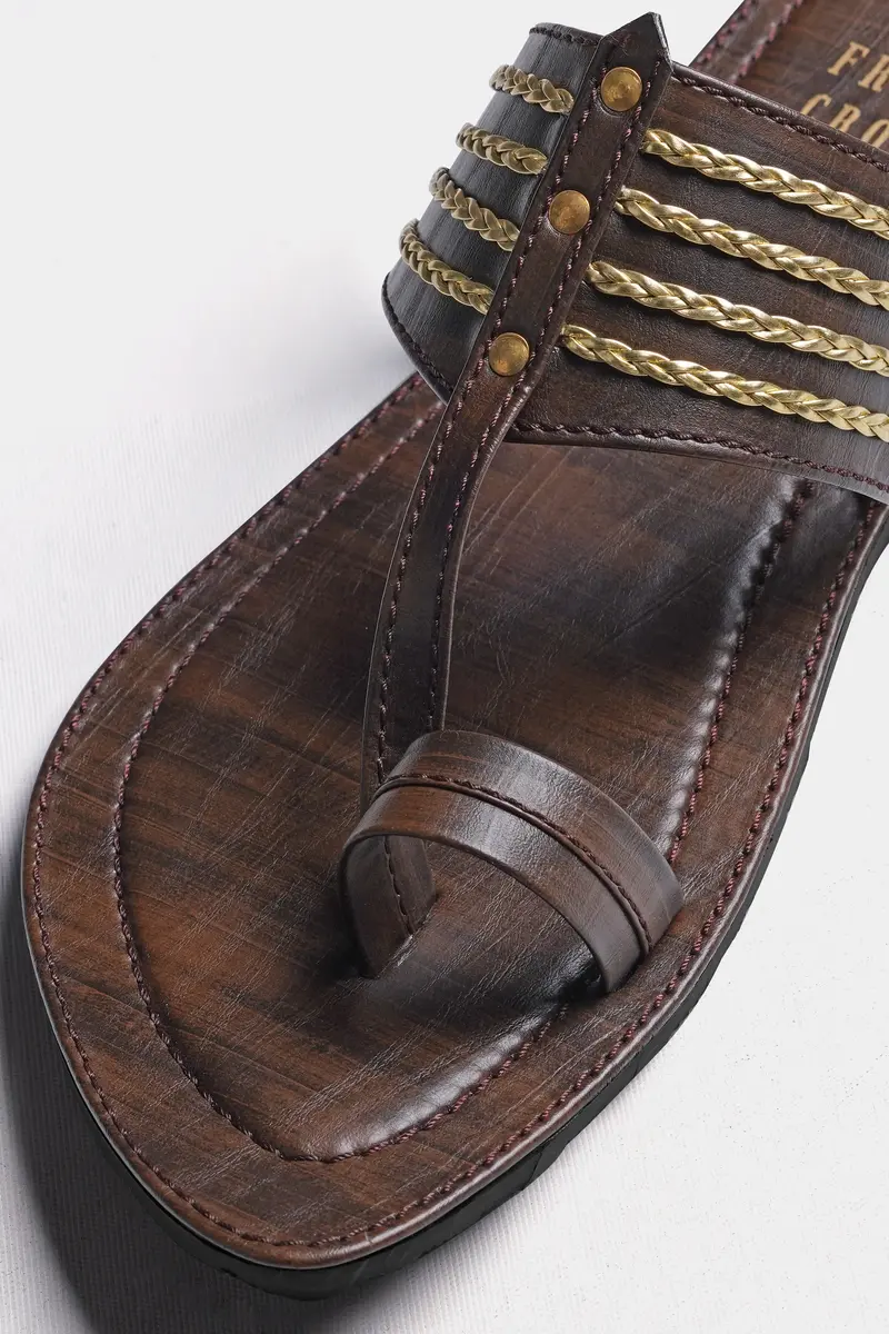 Wood Brown With Golden Stitched Vegan Leather Kolhapuri Sandal 4