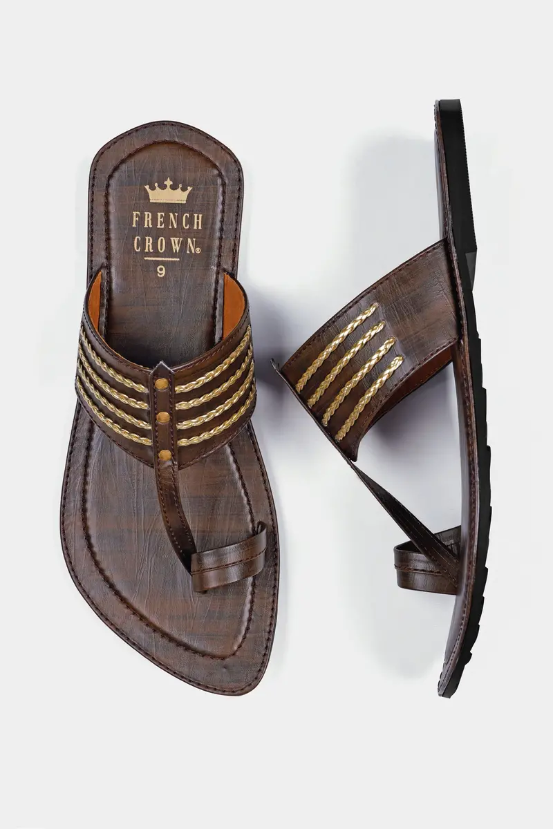 Wood Brown With Golden Stitched Vegan Leather Kolhapuri Sandal 5