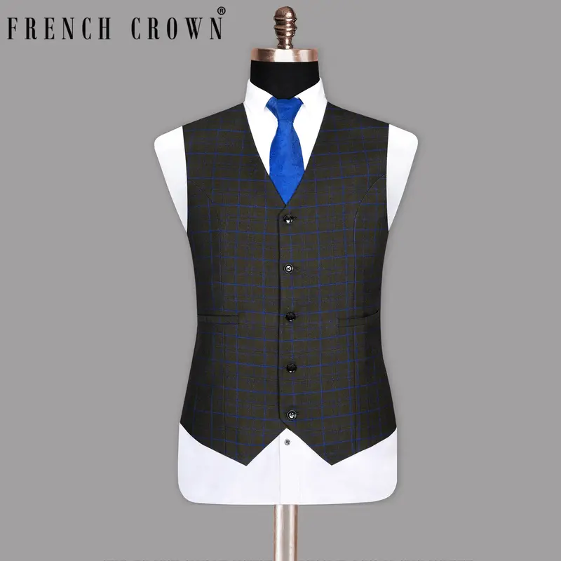 Wood Brown With Royal Blue Windowpane Wool  Waistcoat 1