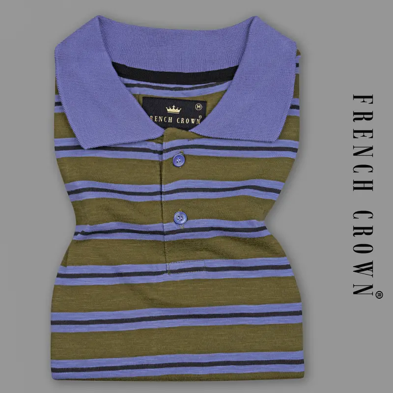 Woodland Green With Blue And Gray Color Striped Supima Organic Cotton Polo 1