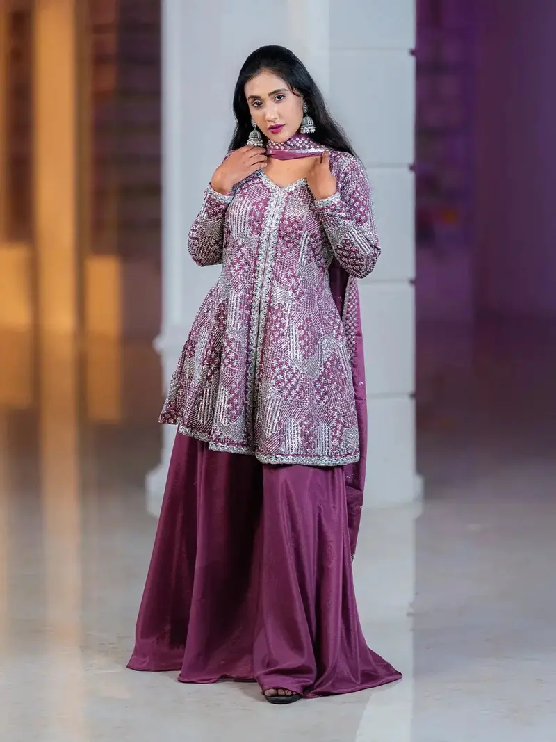 Woodrose Pink Floral Design Crepe Salwar Palazzo Suit 1