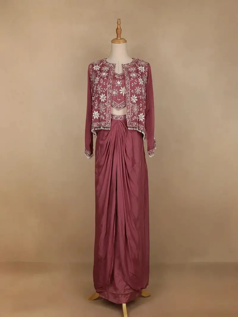 Woodrose Pink Floral Embroidered Crepe Bridesmaids Lehenga 1
