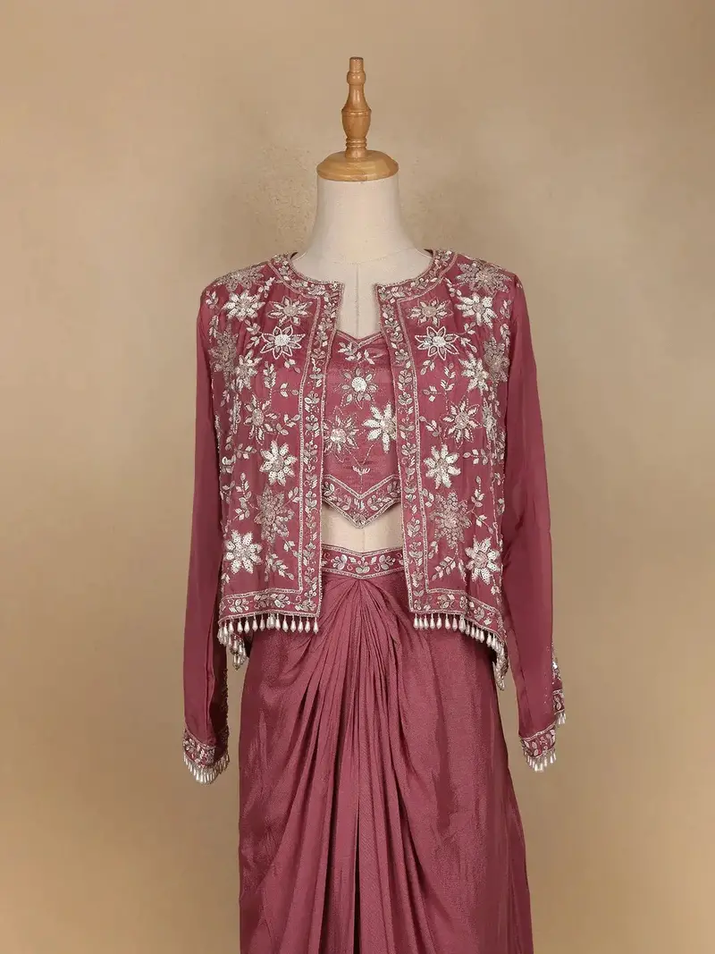 Woodrose Pink Floral Embroidered Crepe Bridesmaids Lehenga 2