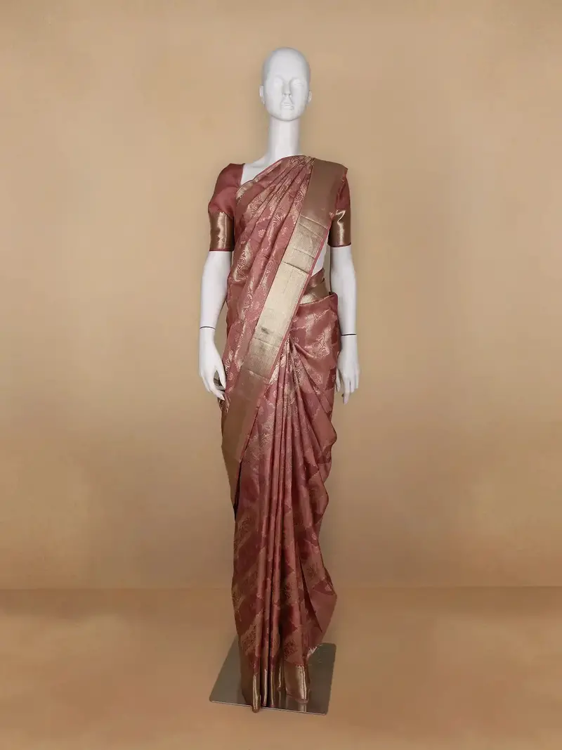 Woodrose Pink Floral Woven Pure Kanchipuram Silk Saree 1