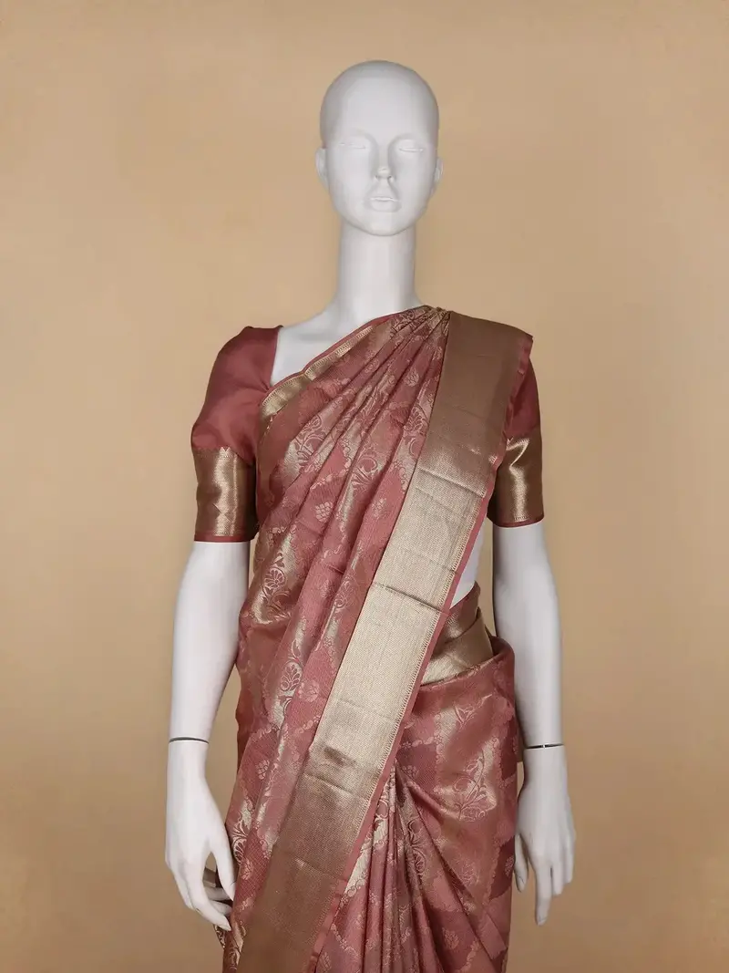 Woodrose Pink Floral Woven Pure Kanchipuram Silk Saree 2