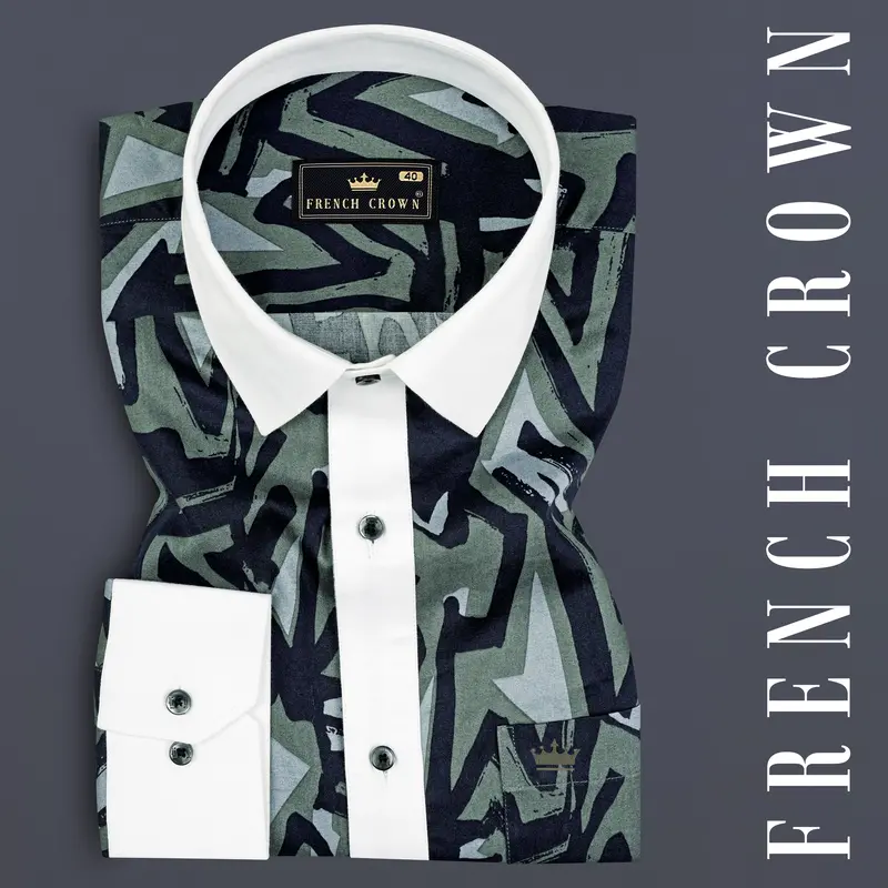 Woodsmoke Black With Davy Grey Abstract Printed Giza Cotton Shirt 1