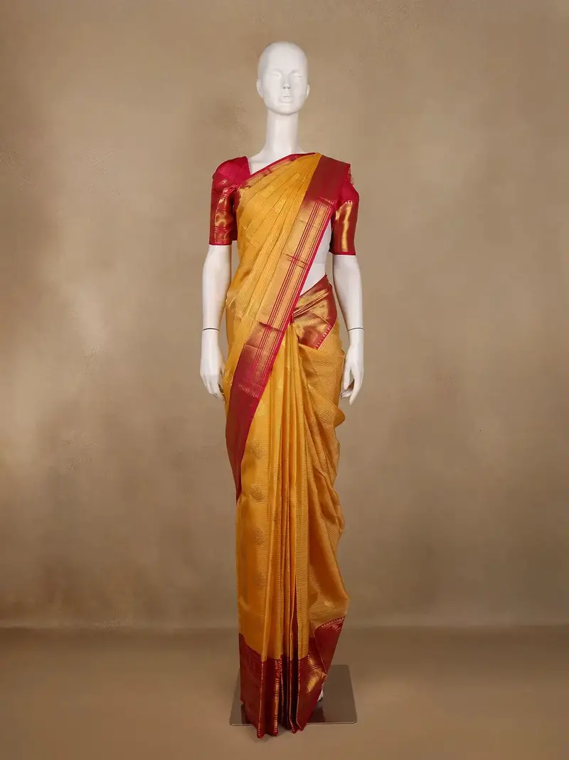 Yelllow Floral And Stripes Woven Pure Kanchipuram Silk Saree 1