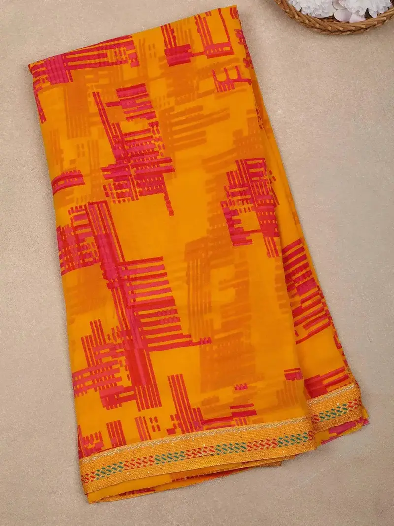 Yellow Abstract Printed Crepe Saree 1