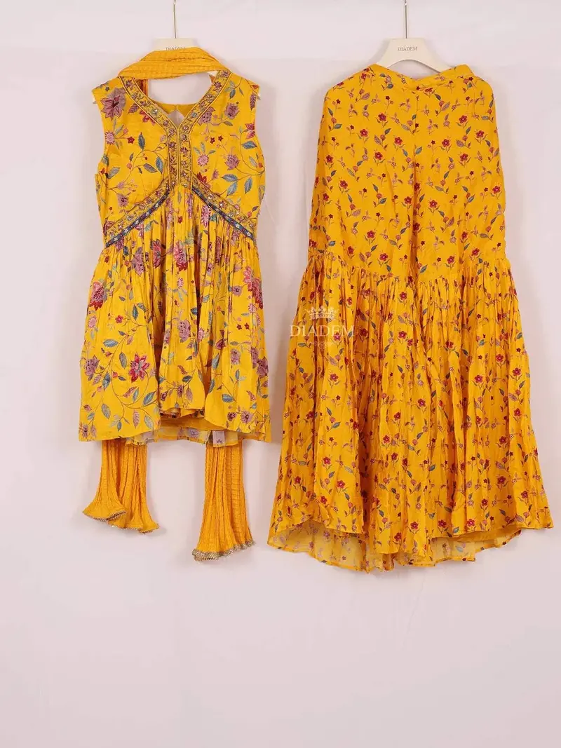 Yellow Anarkali Salwar Suit Adorned With Beads And Floral Design And With Dupatta 1
