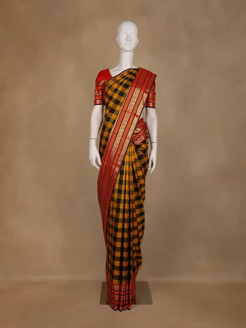 Yellow And Black Checkered Design Pure Kanchipuram Silk Saree 1