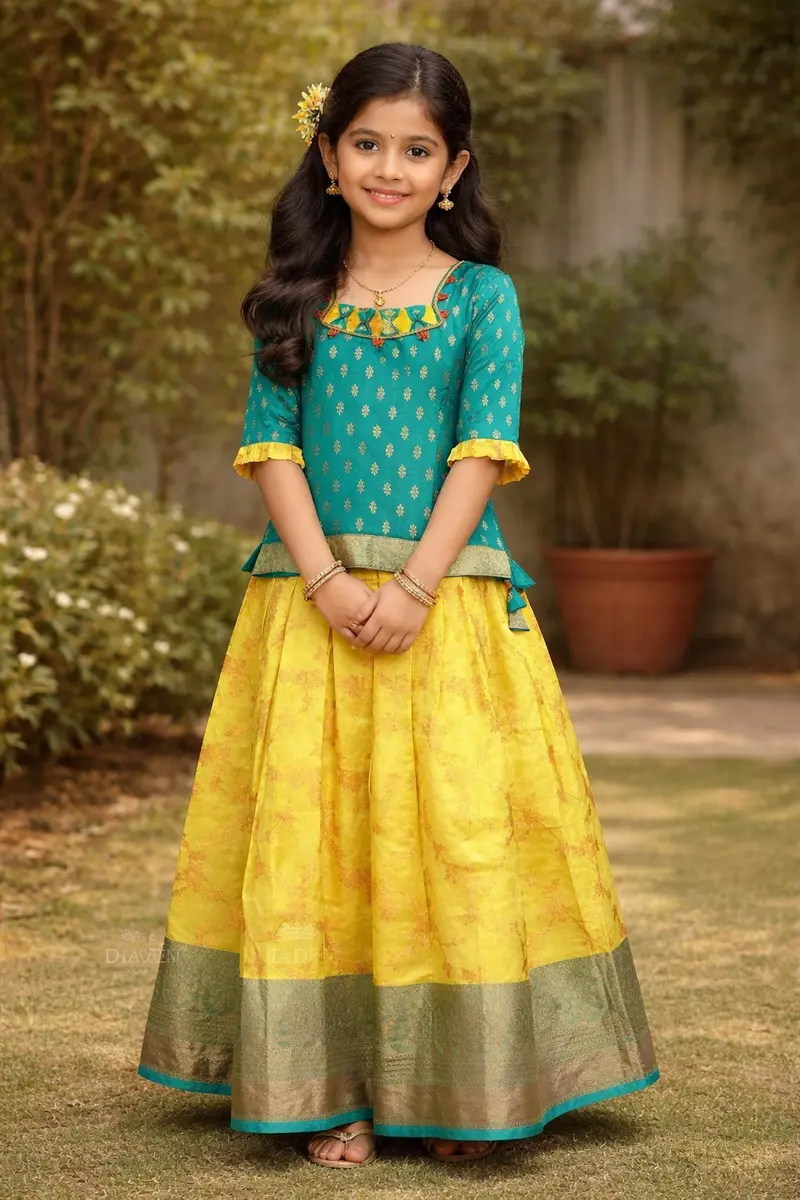 Yellow And Green Silk Pattu Pavadai Adorned With Stones And Zari Work 1