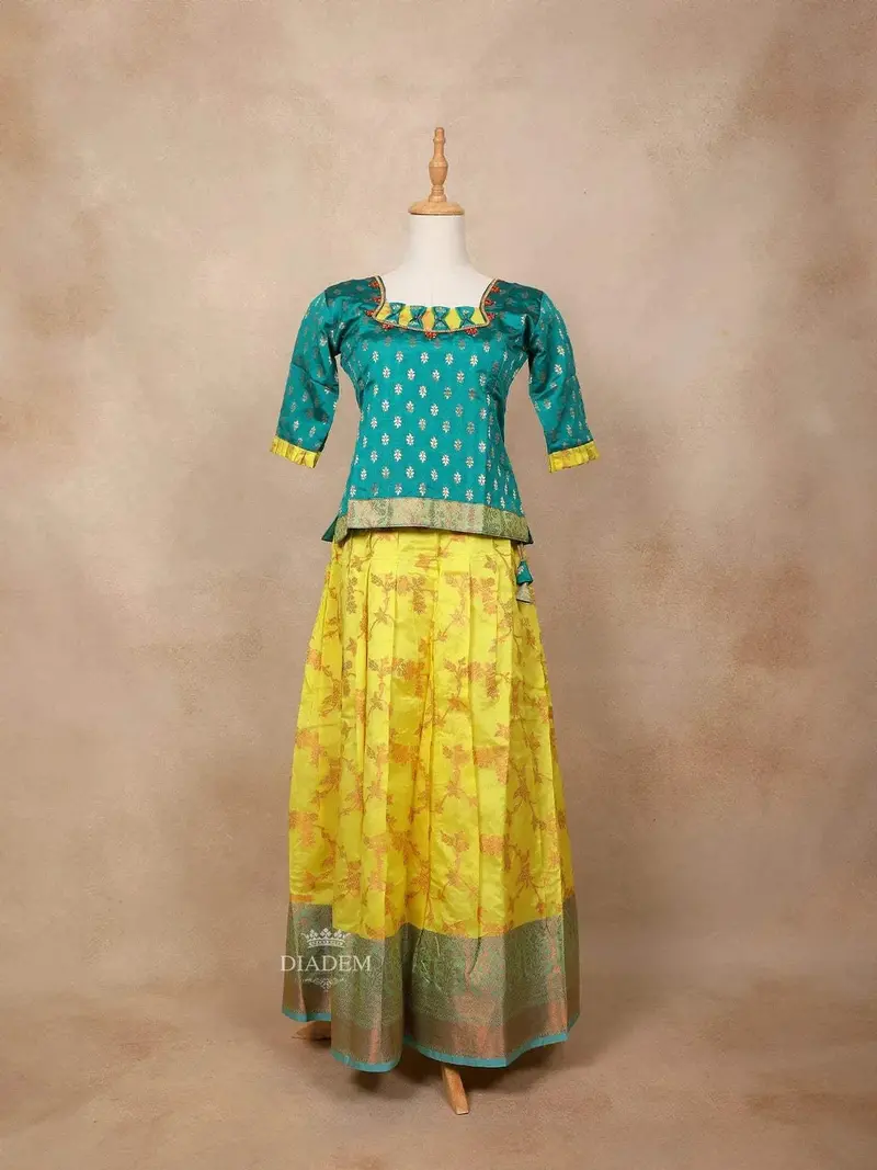 Yellow And Green Silk Pattu Pavadai Adorned With Stones And Zari Work 2
