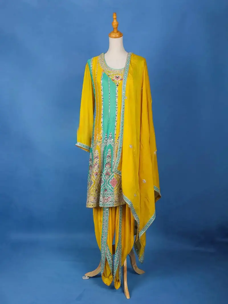 Yellow And Sea Green Dhoti Salwar Suit Online 1