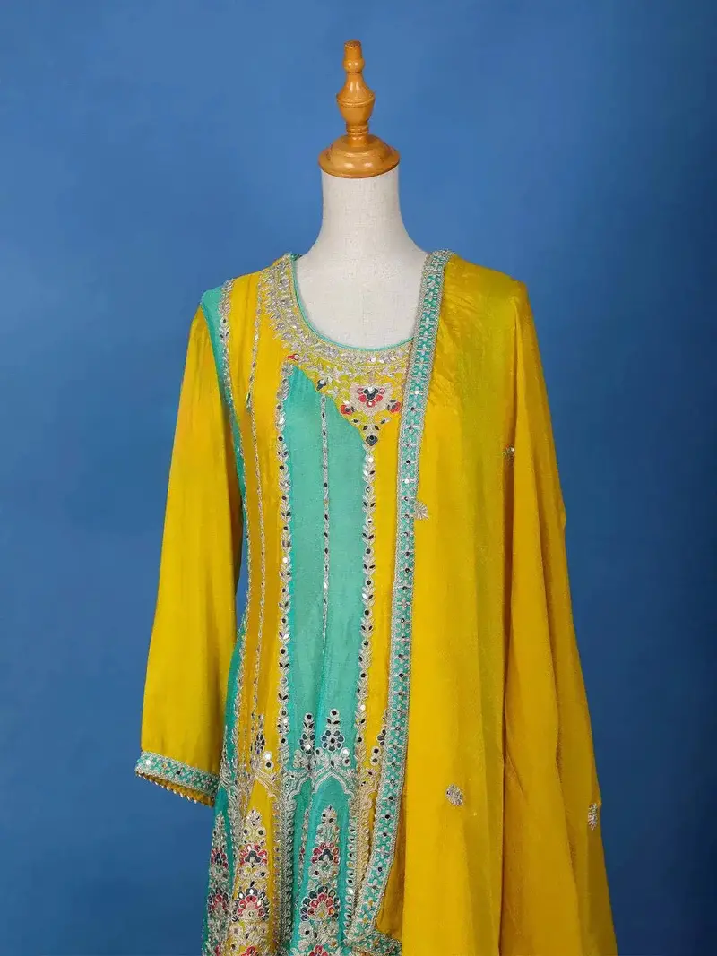 Yellow And Sea Green Dhoti Salwar Suit Online 2