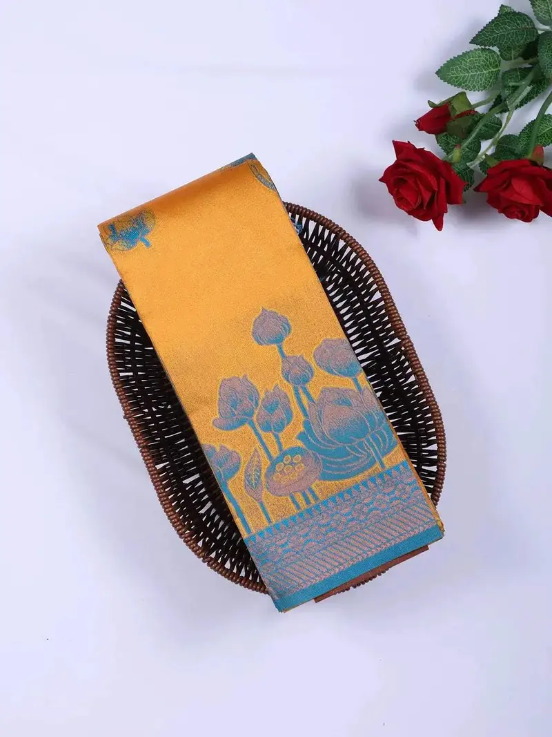 Yellow Arani Silk Saree With Floral Motif On The Body And Contrast Zari Border 1