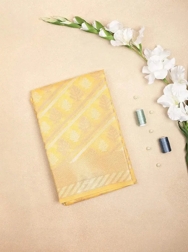 Yellow Art Silk Saree With Diagonal Stripes And Tree Deign On The Body With Matching Border 1