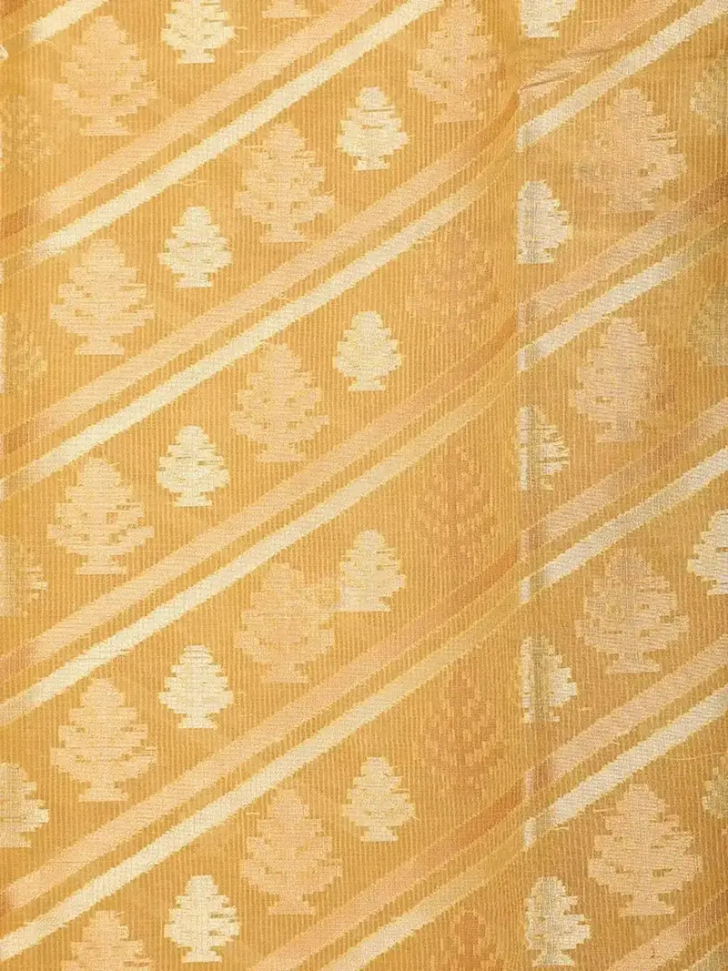 Yellow Art Silk Saree With Diagonal Stripes And Tree Deign On The Body With Matching Border 2