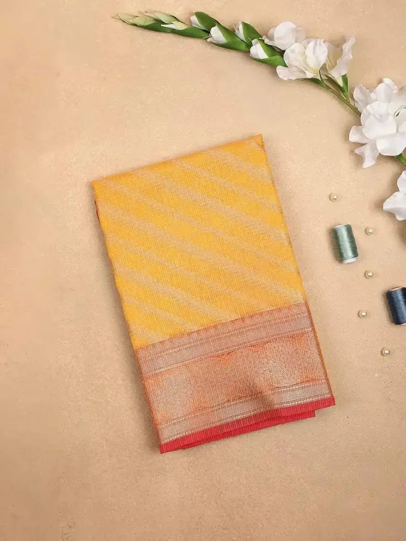 Yellow Art Silk Saree With Diagonal Stripes On The Body With Contrast Zari Border 1
