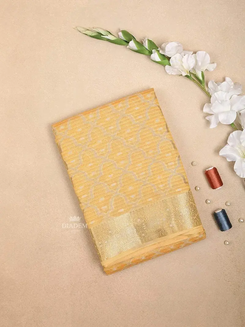 Yellow Art Silk Saree With Scalloped Arch Design On The Body With Matching Designed Border 1
