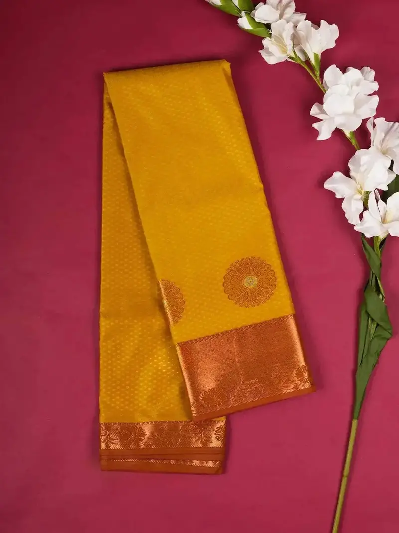 Yellow Art Silk Saree With Small Floral Design On The Body With Contrast Designed Border 1