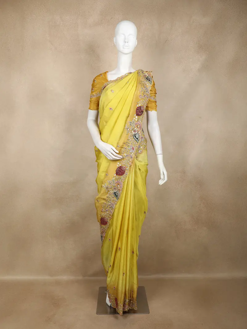 Yellow  Banarasi Saree With Floral Design And Designer Border 1