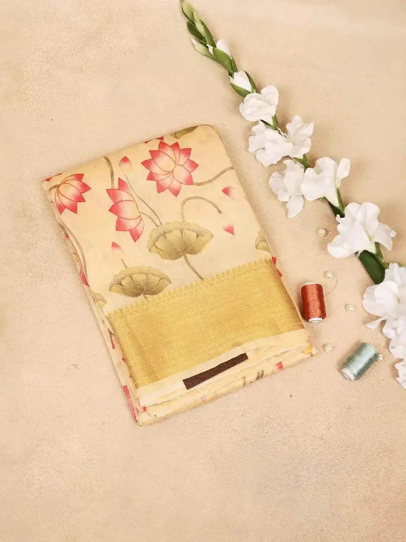 Yellow Banarasi Saree With Floral Design On The Body With Zari Border 1