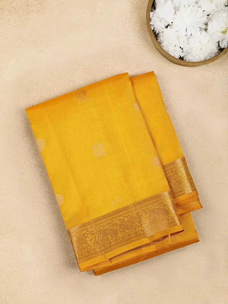 Yellow Buttas Motif Pure Kanchipuram Silk Saree 1