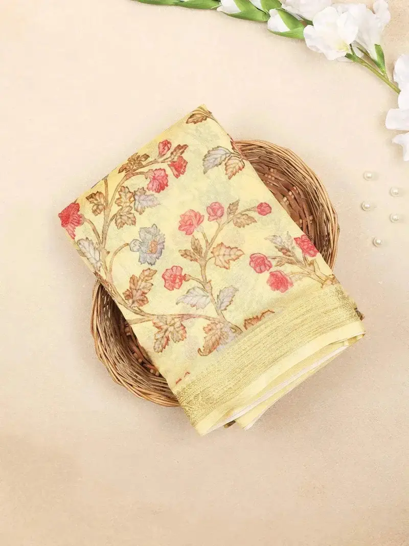 Yellow Chanderi Silk Saree With Flower And Leaf Design On The Body With Matching Border 1