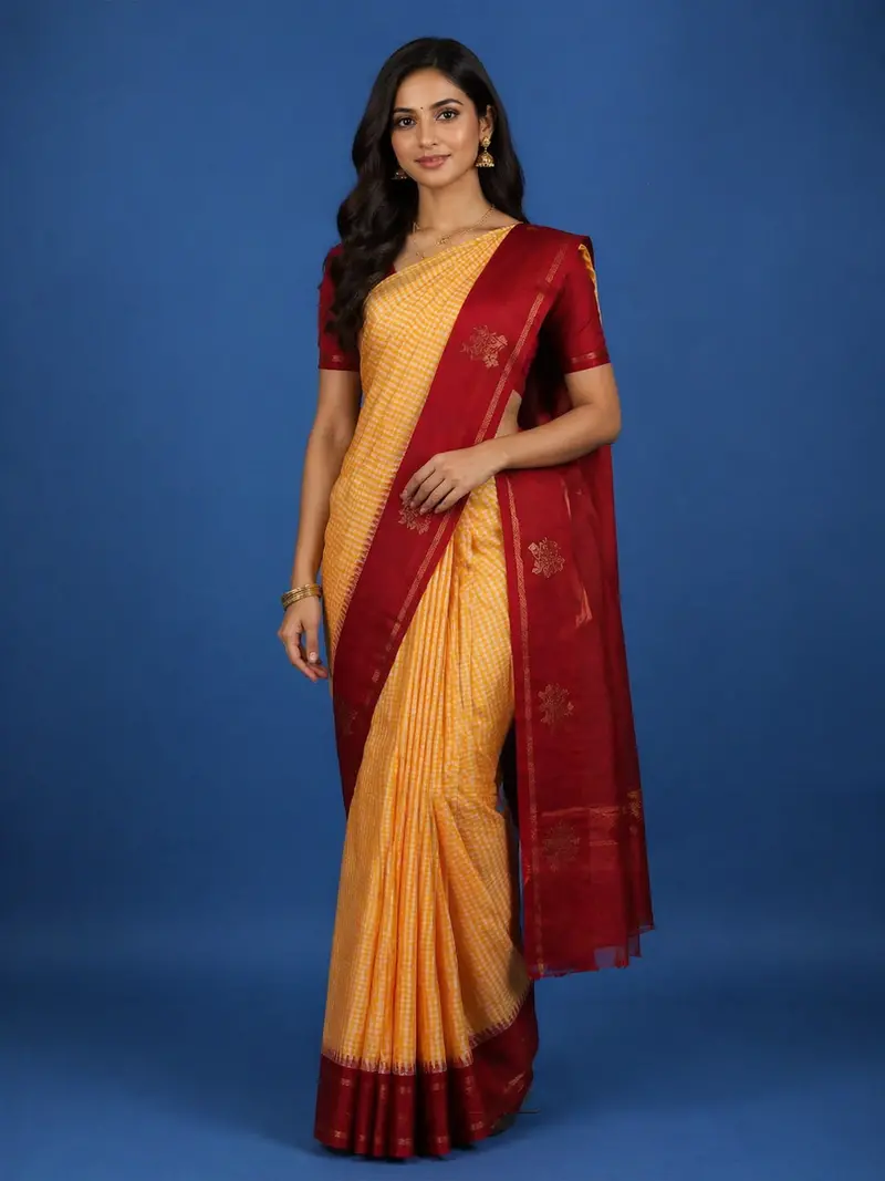 Yellow Checked Woven Pure Kanchipuram Silk Saree 1