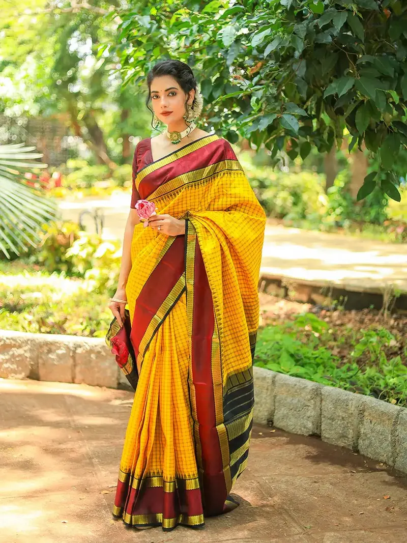 Yellow Checkered Design Pure Kanchipuram Silk Saree 1