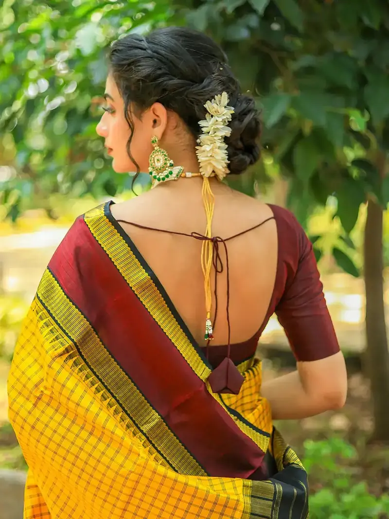 Yellow Checkered Design Pure Kanchipuram Silk Saree 2