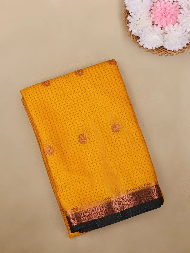 Yellow Checks Woven Design Mysore Silk Saree With Contrast Black Border 1