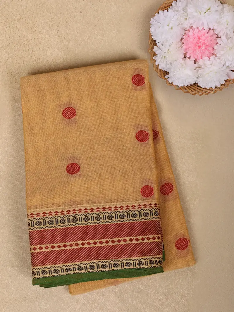 Yellow Circle Motif Design Cotton Saree With Contrast Border 1
