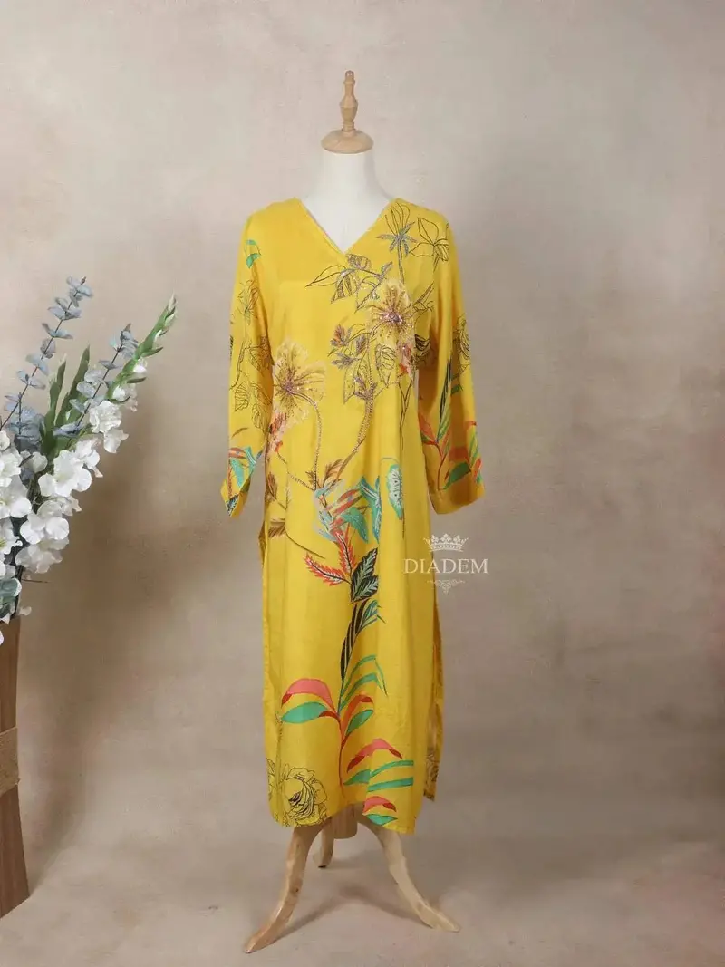 Yellow Crepe Kurti Top Adorned With Sequins And Floral Prints 1