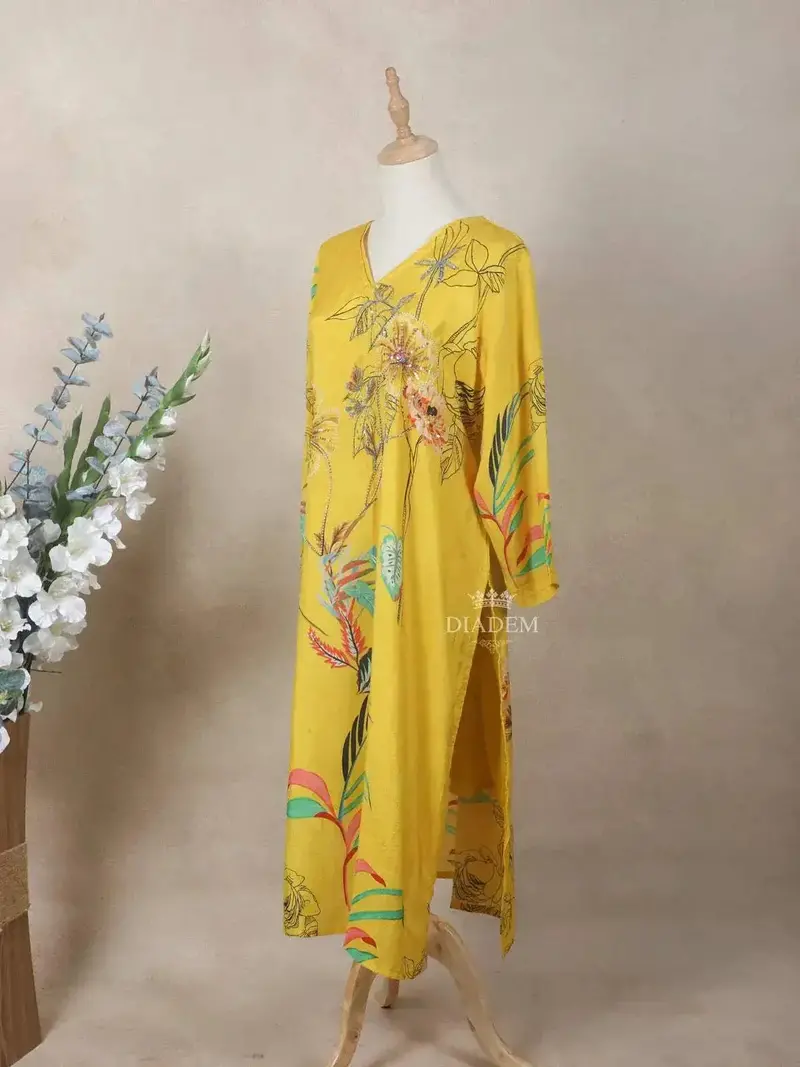 Yellow Crepe Kurti Top Adorned With Sequins And Floral Prints 2