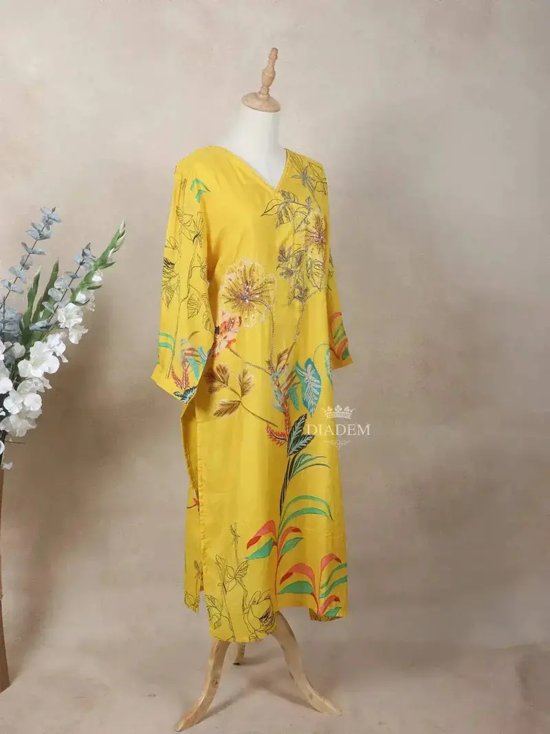 Yellow Crepe Kurti Top Adorned With Sequins And Floral Prints 3