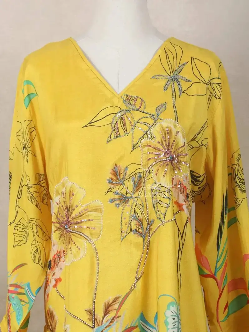Yellow Crepe Kurti Top Adorned With Sequins And Floral Prints 4