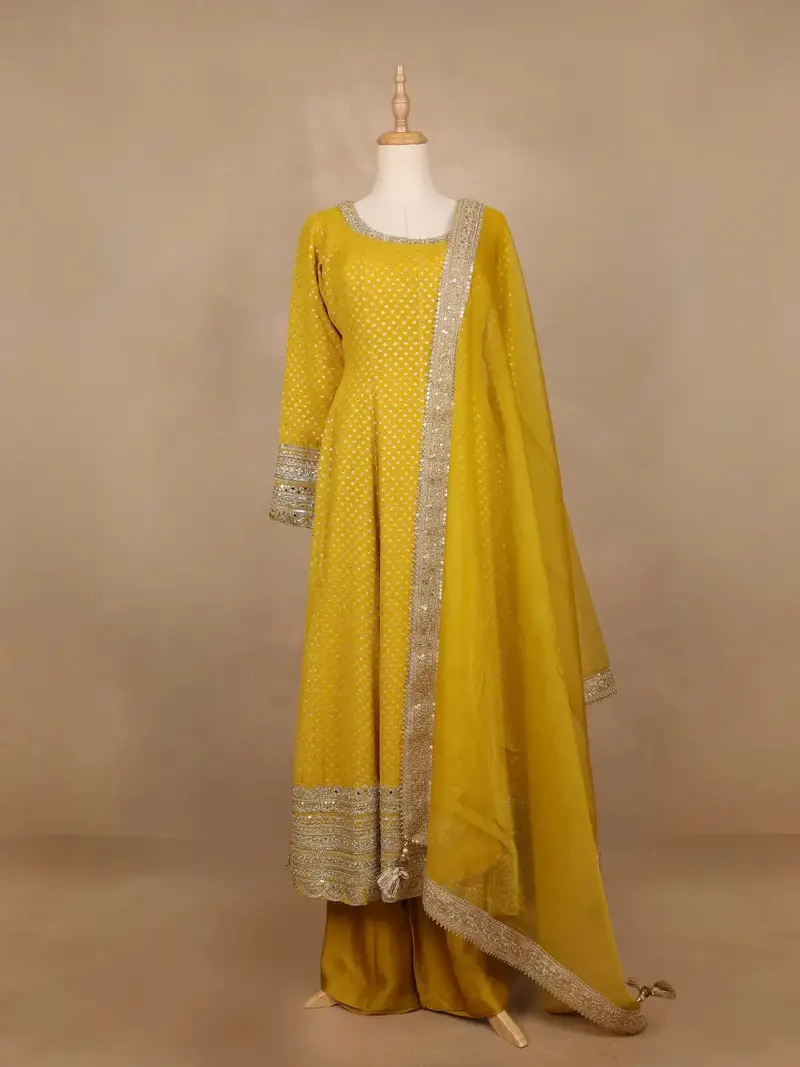 Yellow Dotted Design Georgette Anarkali Salwar Suit 1