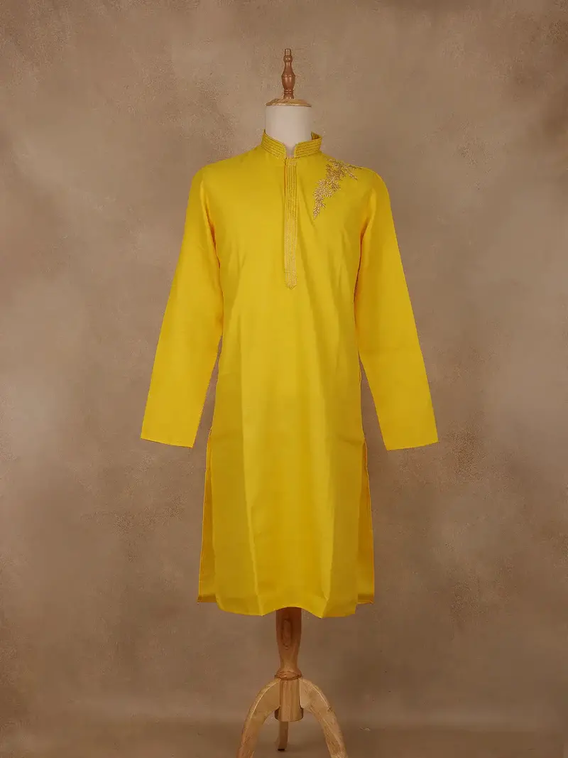 Yellow Embroidered Cotton Kurta For Men 1