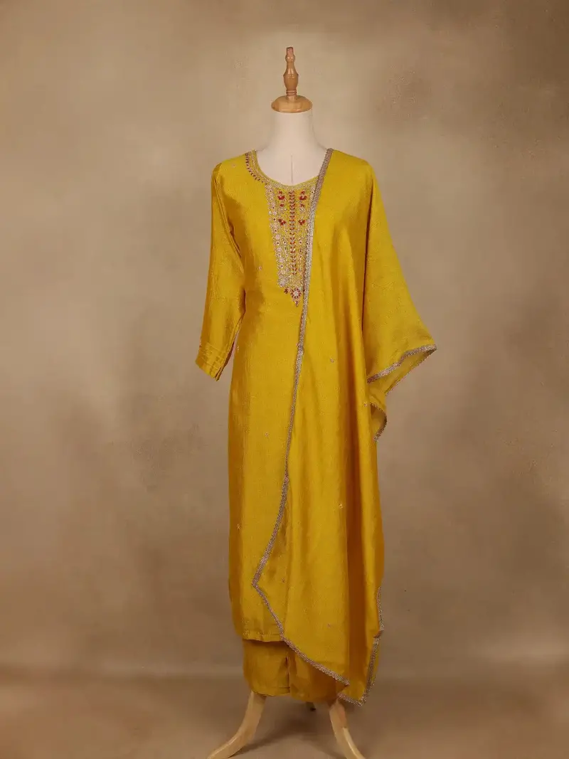 Yellow Embroidered Semi Silk Salwar Suit 1