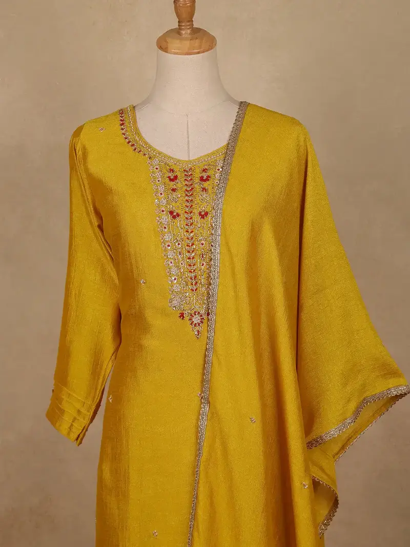 Yellow Embroidered Semi Silk Salwar Suit 2