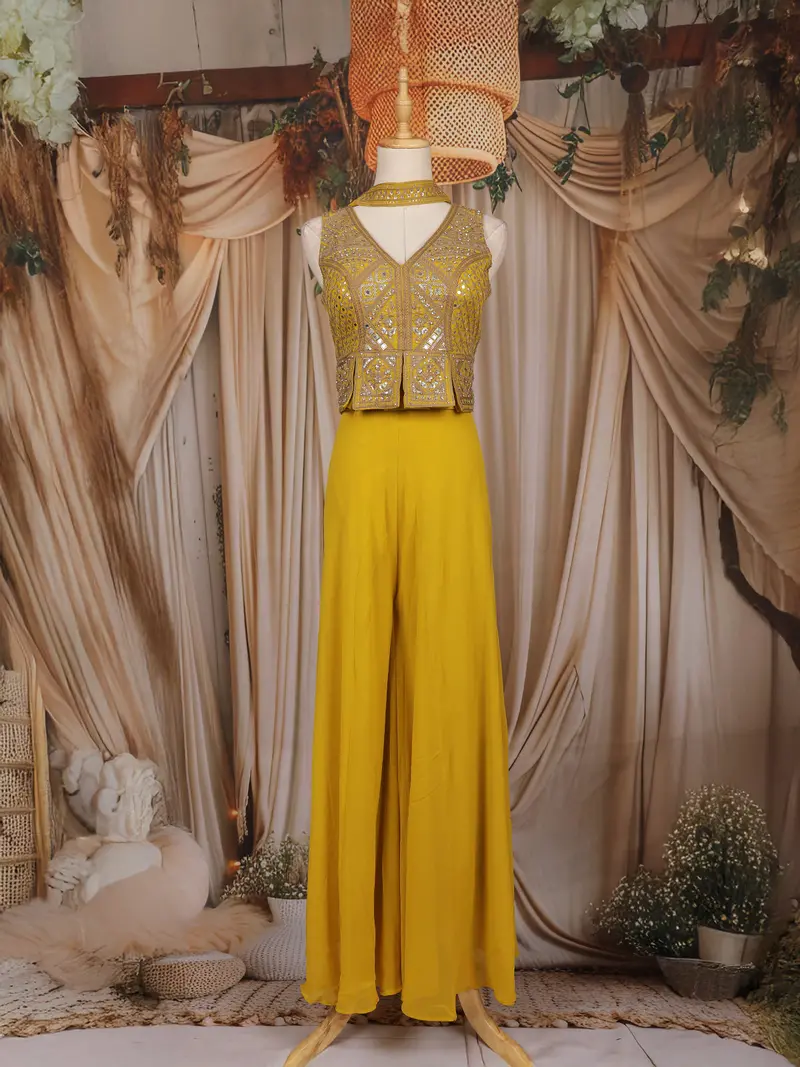 Yellow Floral And Geometric Embroidered Georgette Palazzo Suit 1