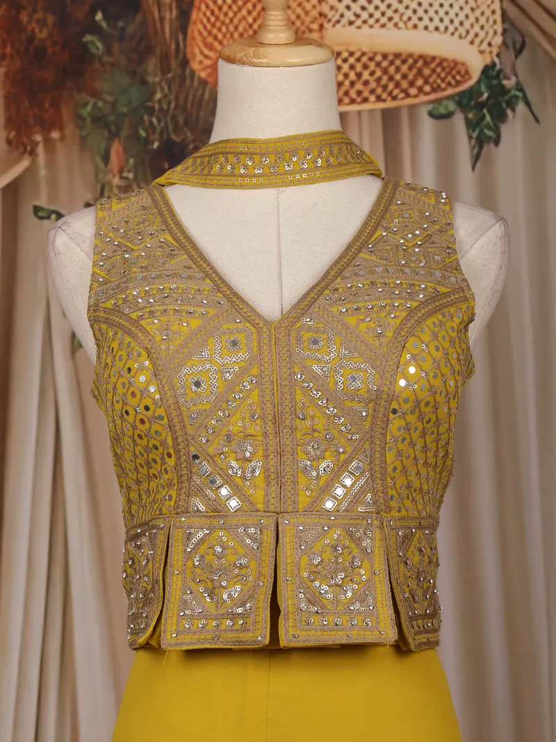 Yellow Floral And Geometric Embroidered Georgette Palazzo Suit 2