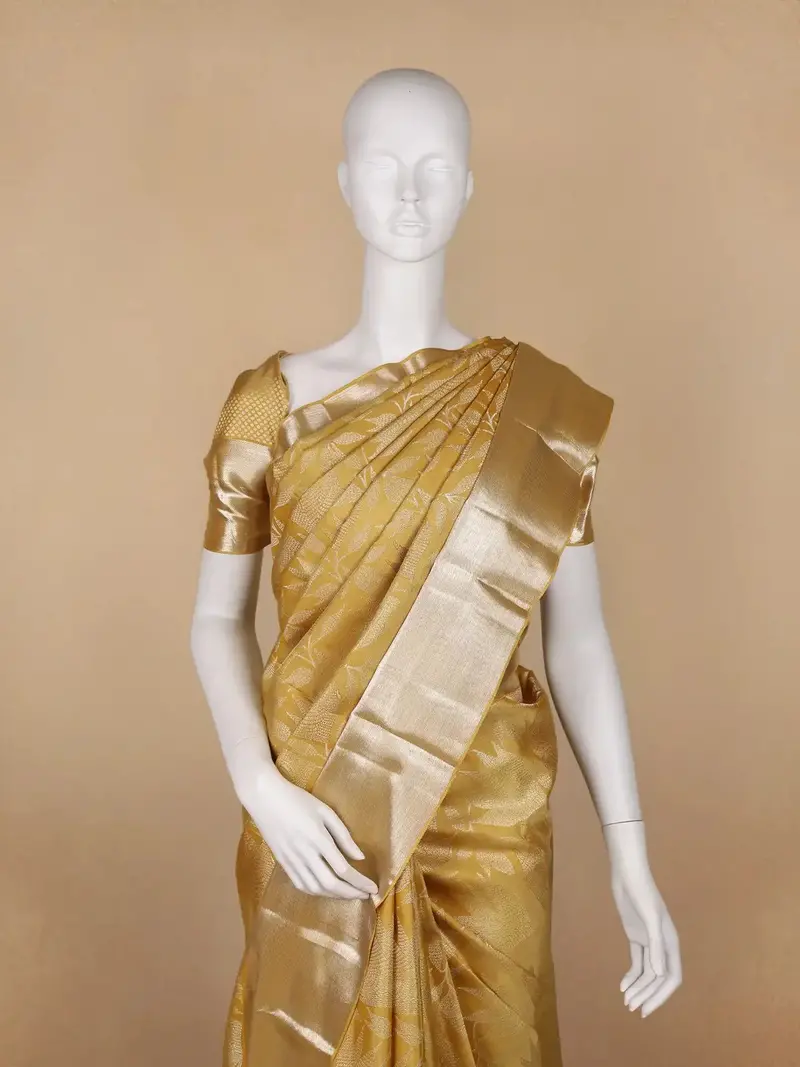 Yellow Floral And Leaf Woven Pure Kanchipuram Silk Saree 2