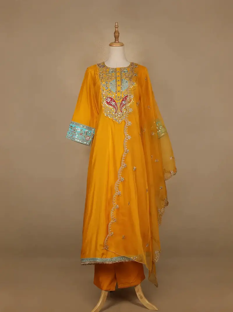 Yellow Floral And Paisley Embroidered Semi Silk Straight Cut Salwar Suit 1