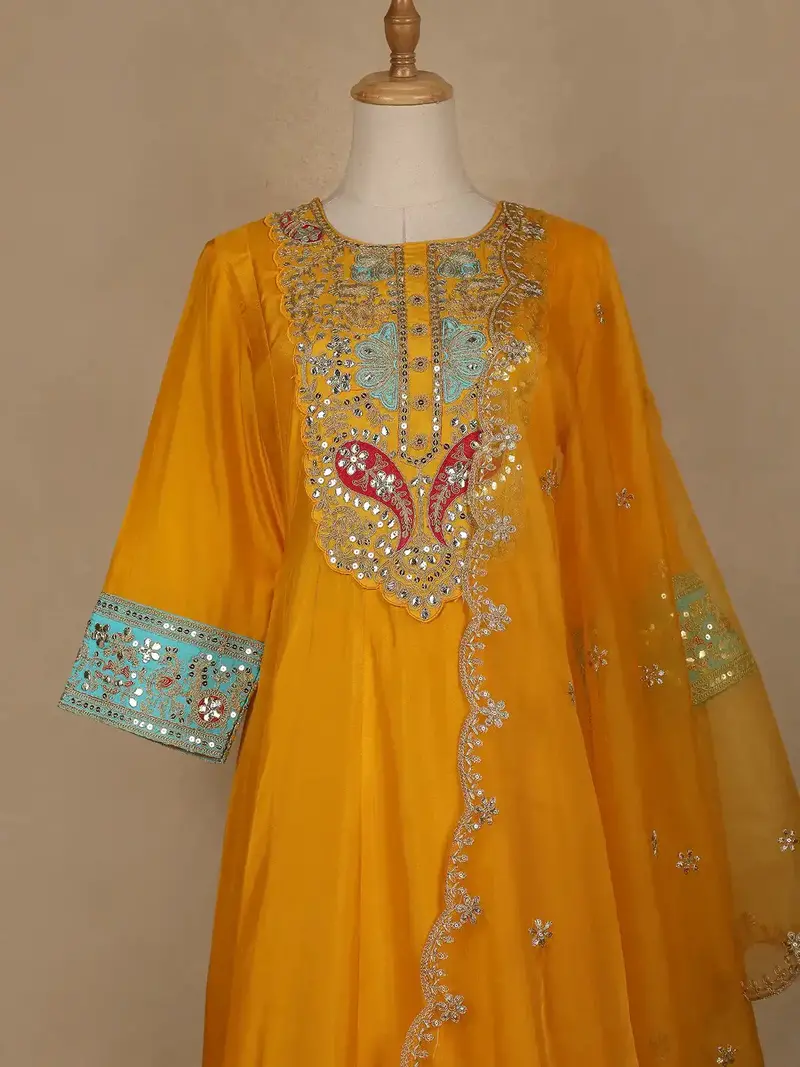 Yellow Floral And Paisley Embroidered Semi Silk Straight Cut Salwar Suit 2