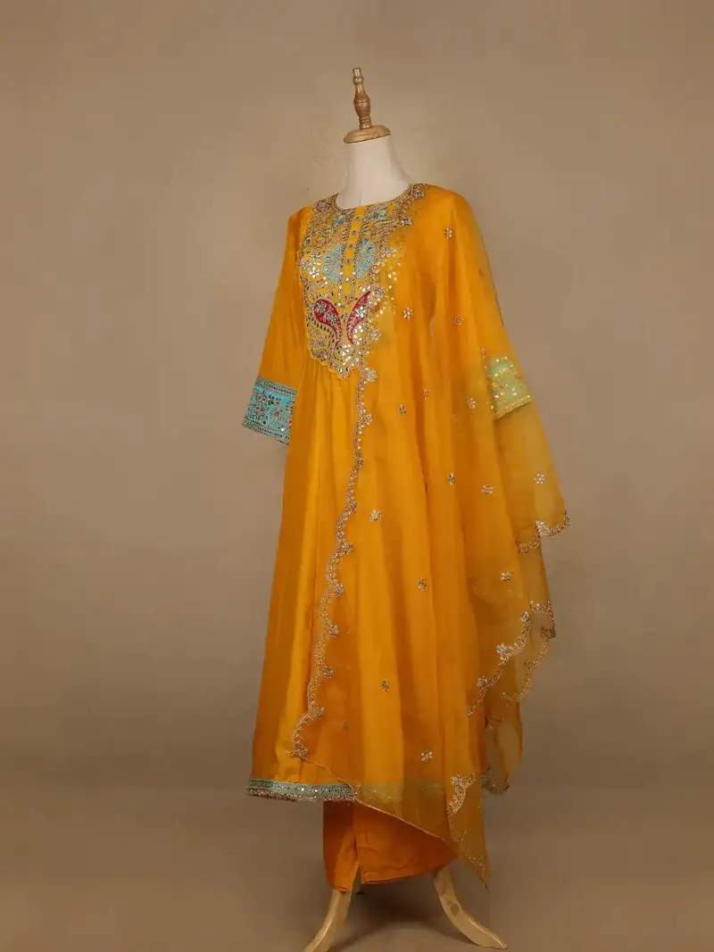 Yellow Floral And Paisley Embroidered Semi Silk Straight Cut Salwar Suit 3