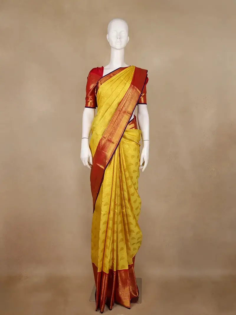 Yellow Floral Brocade Woven Pure Kanchipuram Silk Saree 1