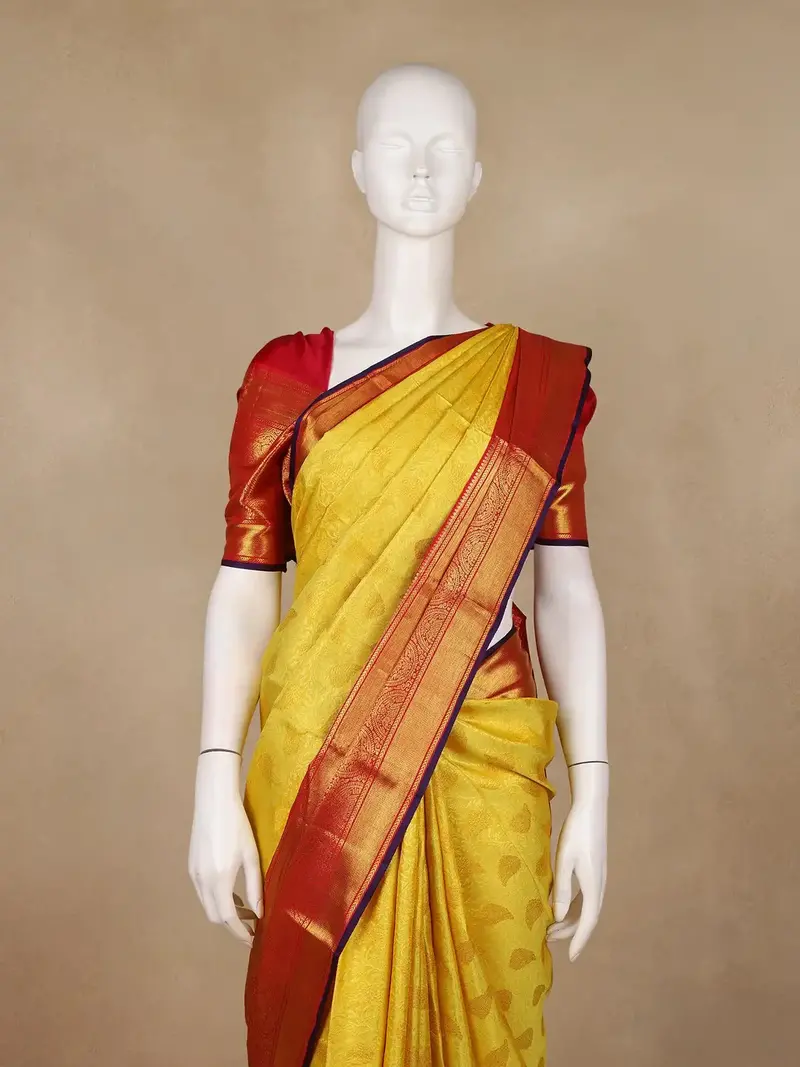 Yellow Floral Brocade Woven Pure Kanchipuram Silk Saree 2