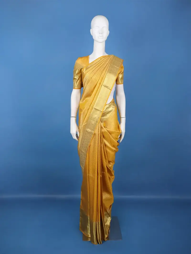 Yellow Floral Butta Woven Pure Kanchipuram Silk Saree With Zari Border 1
